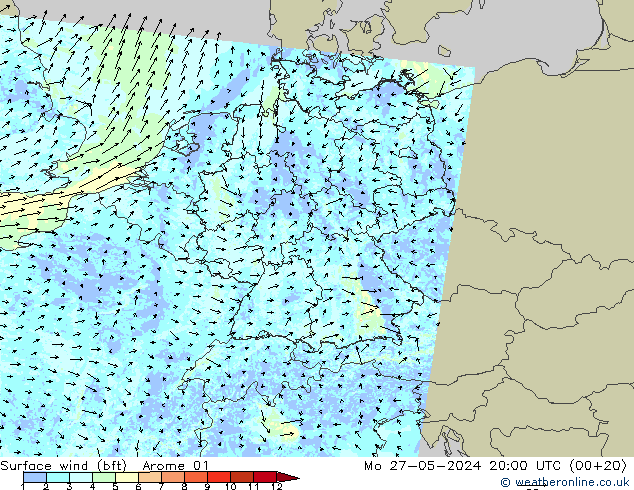 Wind 10 m (bft) Arome 01 ma 27.05.2024 20 UTC