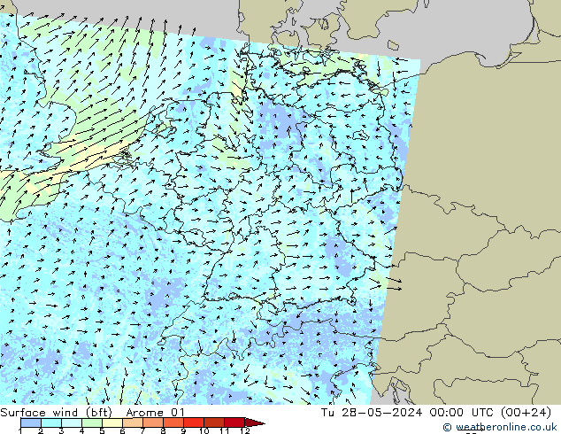 Wind 10 m (bft) Arome 01 di 28.05.2024 00 UTC