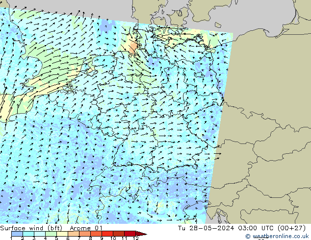 Viento 10 m (bft) Arome 01 mar 28.05.2024 03 UTC