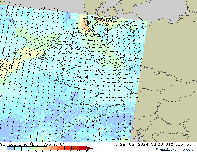 Vento 10 m (bft) Arome 01 mar 28.05.2024 06 UTC