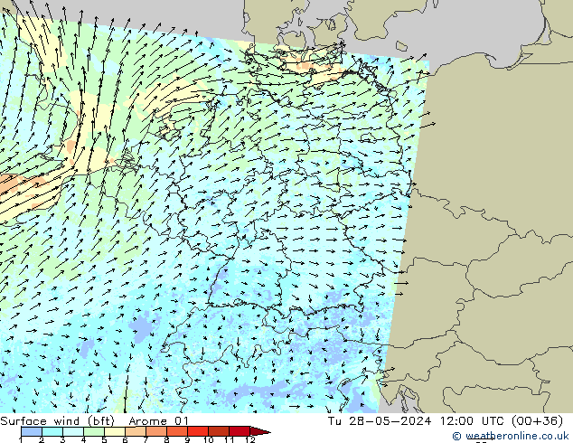 Surface wind (bft) Arome 01 Út 28.05.2024 12 UTC