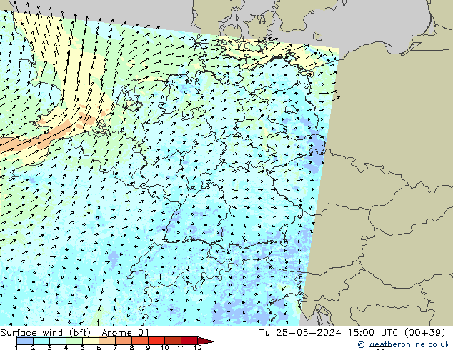 Bodenwind (bft) Arome 01 Di 28.05.2024 15 UTC