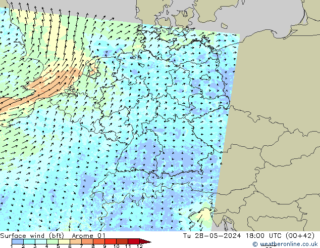 Vent 10 m (bft) Arome 01 mar 28.05.2024 18 UTC