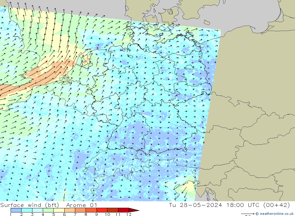 Surface wind (bft) Arome 01 Tu 28.05.2024 18 UTC