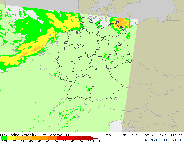 Max. wind velocity Arome 01 lun 27.05.2024 03 UTC