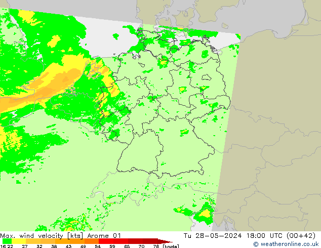 Max. wind snelheid Arome 01 di 28.05.2024 18 UTC