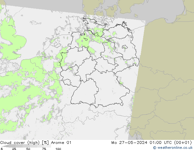 Cloud cover (high) Arome 01 Mo 27.05.2024 01 UTC