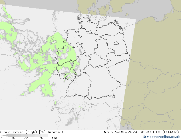 Cloud cover (high) Arome 01 Mo 27.05.2024 06 UTC