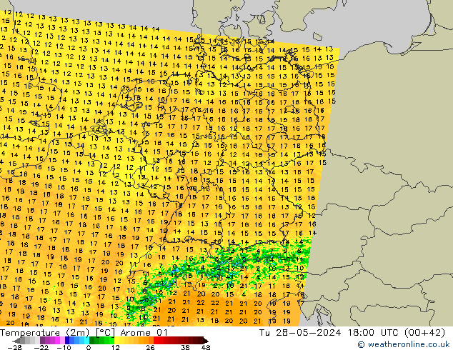 Temperature (2m) Arome 01 Tu 28.05.2024 18 UTC