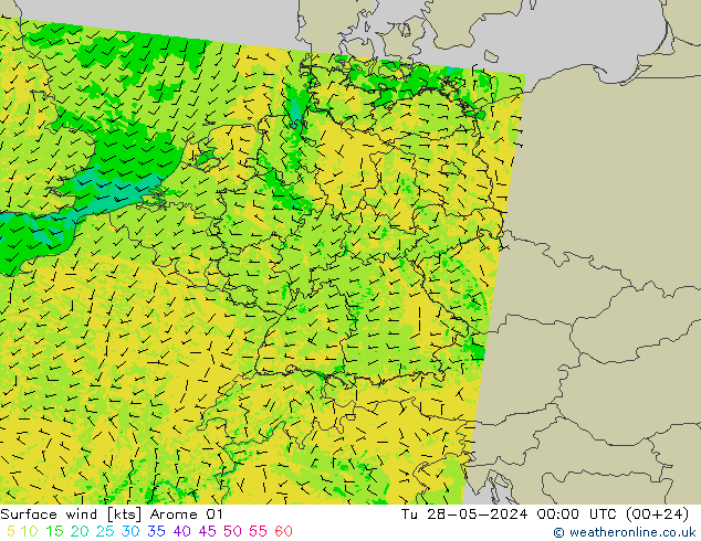 wiatr 10 m Arome 01 wto. 28.05.2024 00 UTC