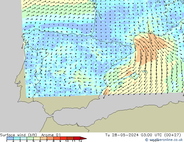 Surface wind (bft) Arome 01 Tu 28.05.2024 03 UTC