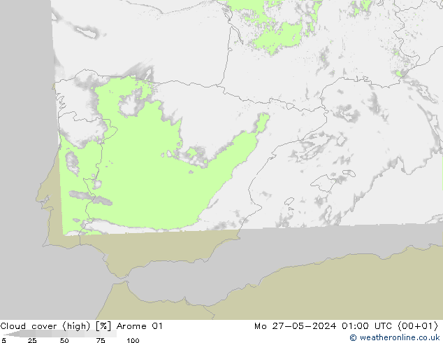 Cloud cover (high) Arome 01 Mo 27.05.2024 01 UTC