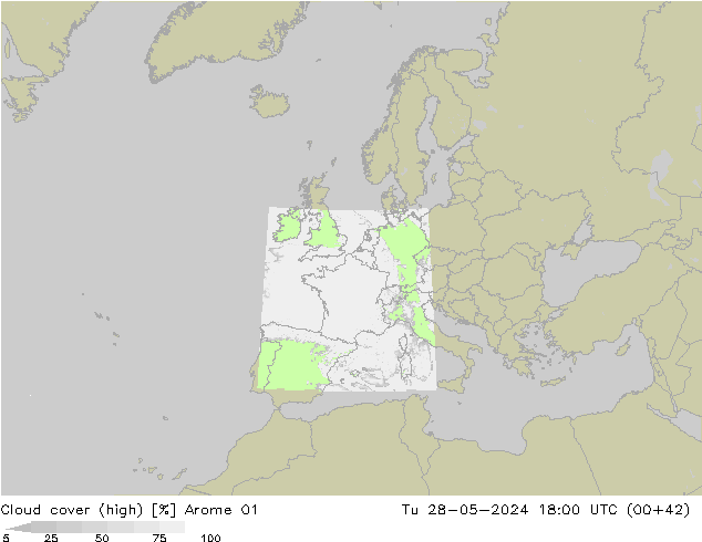 Cloud cover (high) Arome 01 Tu 28.05.2024 18 UTC