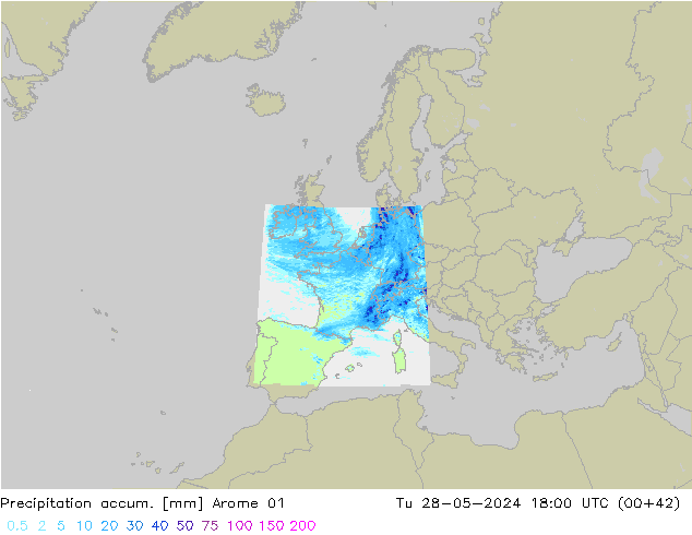 Precipitation accum. Arome 01 Tu 28.05.2024 18 UTC