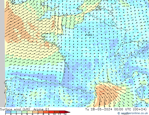 Viento 10 m (bft) Arome 01 mar 28.05.2024 00 UTC