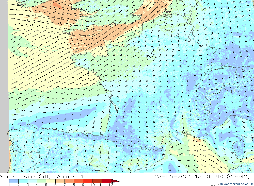 Bodenwind (bft) Arome 01 Di 28.05.2024 18 UTC