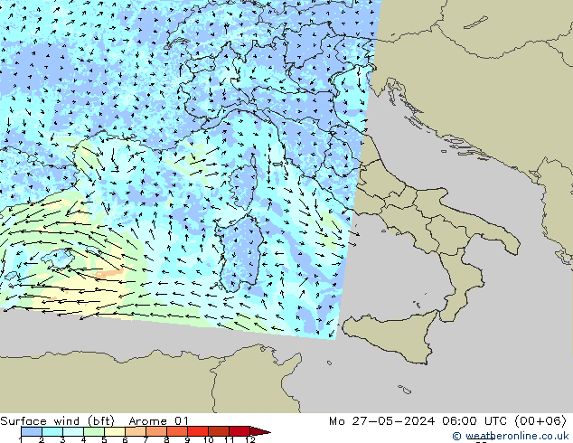 Surface wind (bft) Arome 01 Mo 27.05.2024 06 UTC