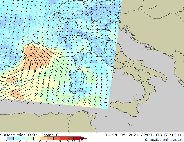 Vento 10 m (bft) Arome 01 mar 28.05.2024 00 UTC