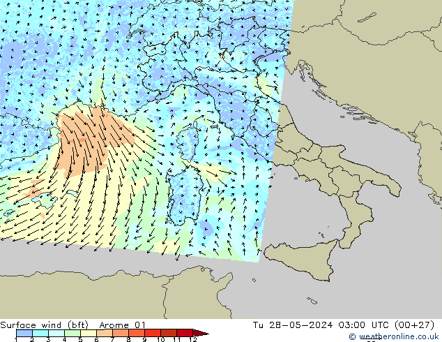 Surface wind (bft) Arome 01 Tu 28.05.2024 03 UTC