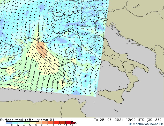 Surface wind (bft) Arome 01 Út 28.05.2024 12 UTC