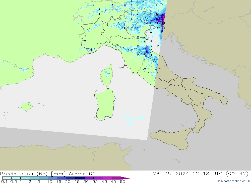 Precipitation (6h) Arome 01 Tu 28.05.2024 18 UTC
