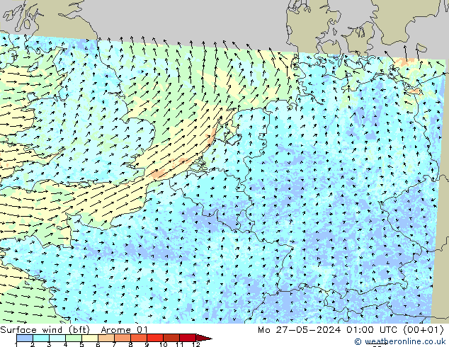 Surface wind (bft) Arome 01 Mo 27.05.2024 01 UTC