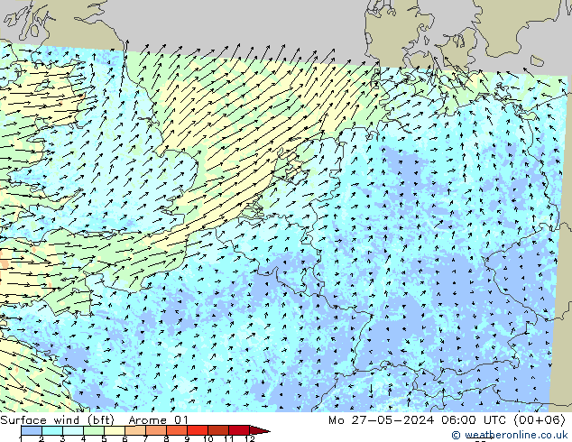 Wind 10 m (bft) Arome 01 ma 27.05.2024 06 UTC