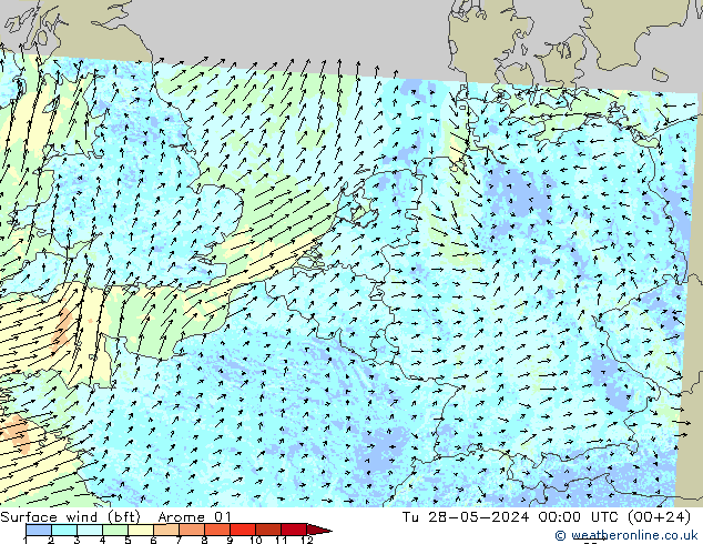 Surface wind (bft) Arome 01 Tu 28.05.2024 00 UTC