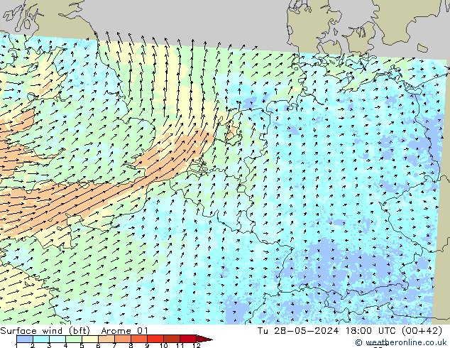 Viento 10 m (bft) Arome 01 mar 28.05.2024 18 UTC