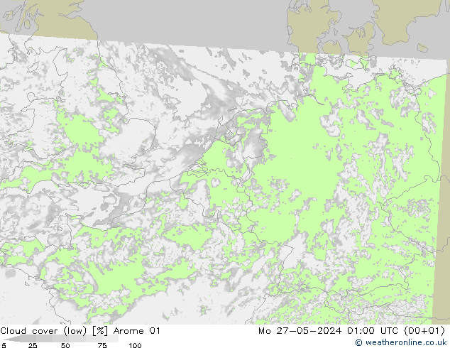 Cloud cover (low) Arome 01 Mo 27.05.2024 01 UTC