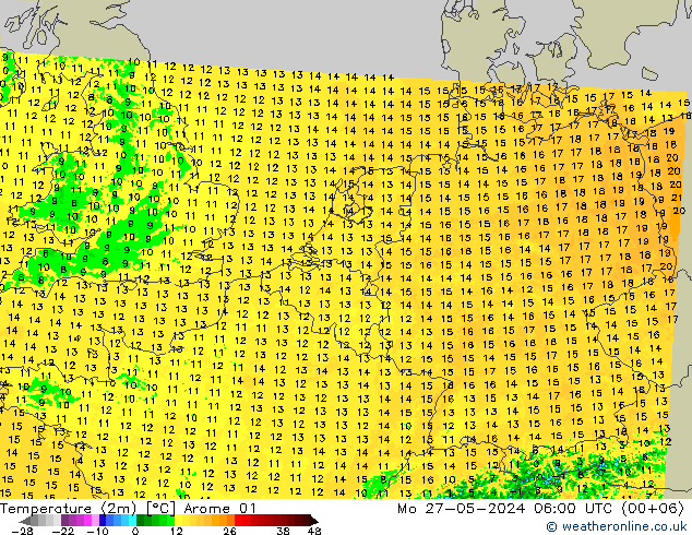 Temperatura (2m) Arome 01 lun 27.05.2024 06 UTC