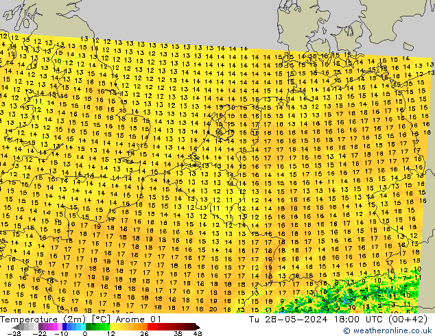 mapa temperatury (2m) Arome 01 wto. 28.05.2024 18 UTC