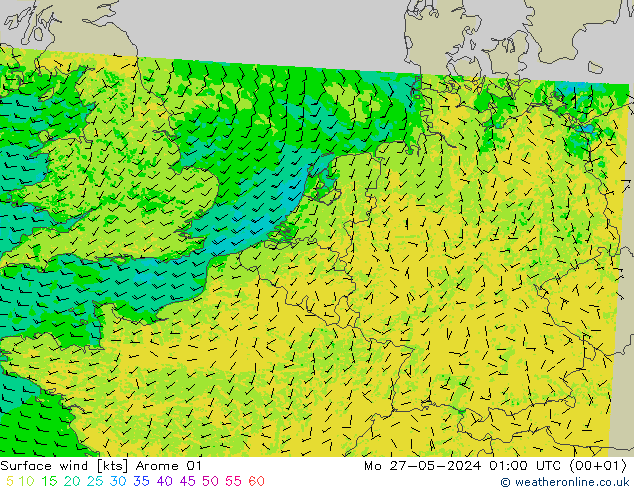 风 10 米 Arome 01 星期一 27.05.2024 01 UTC