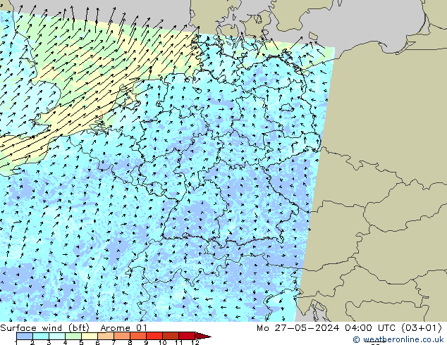 �N 10 米 (bft) Arome 01 星期一 27.05.2024 04 UTC