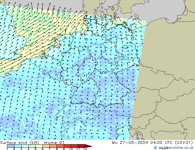 Viento 10 m (bft) Arome 01 lun 27.05.2024 04 UTC