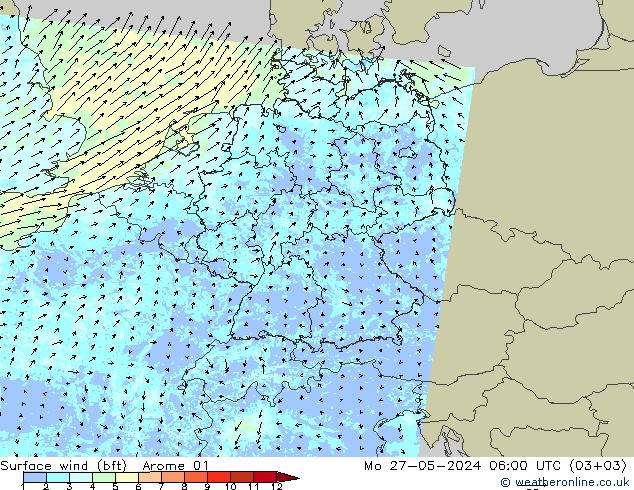 Surface wind (bft) Arome 01 Mo 27.05.2024 06 UTC