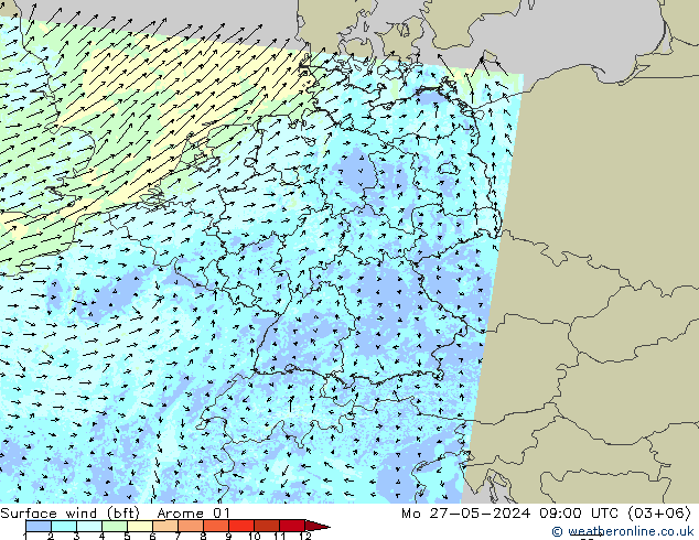 Wind 10 m (bft) Arome 01 ma 27.05.2024 09 UTC