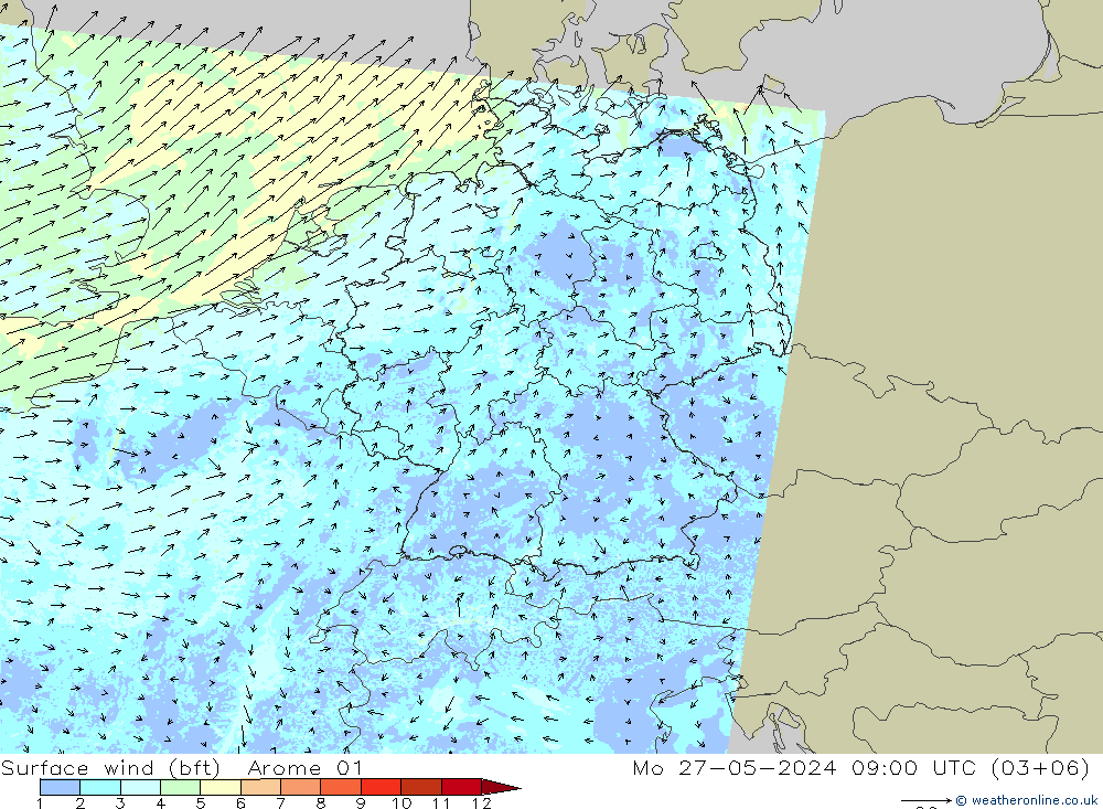 Rüzgar 10 m (bft) Arome 01 Pzt 27.05.2024 09 UTC