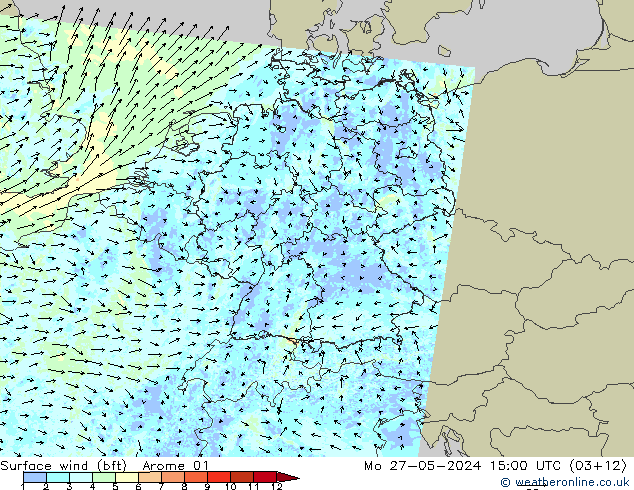 Wind 10 m (bft) Arome 01 ma 27.05.2024 15 UTC