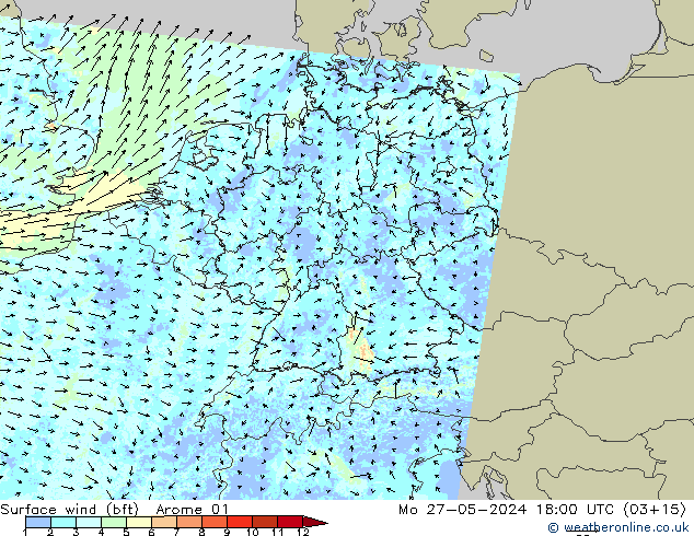 Surface wind (bft) Arome 01 Mo 27.05.2024 18 UTC
