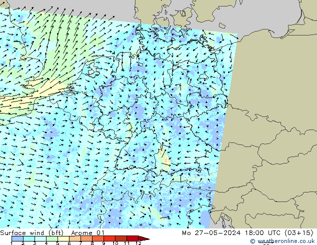 Surface wind (bft) Arome 01 Po 27.05.2024 18 UTC