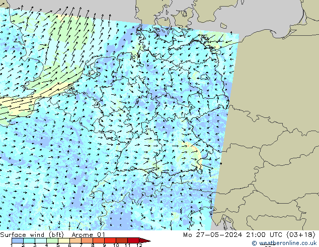 Wind 10 m (bft) Arome 01 ma 27.05.2024 21 UTC