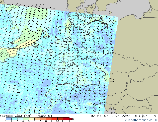 wiatr 10 m (bft) Arome 01 pon. 27.05.2024 23 UTC