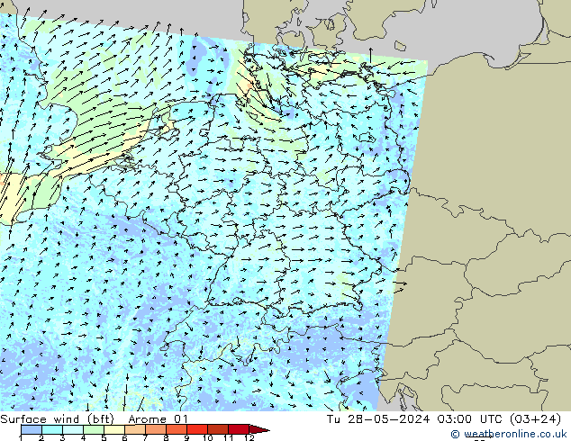 Bodenwind (bft) Arome 01 Di 28.05.2024 03 UTC