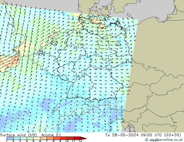 Surface wind (bft) Arome 01 Út 28.05.2024 09 UTC