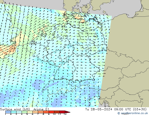 Vent 10 m (bft) Arome 01 mar 28.05.2024 09 UTC