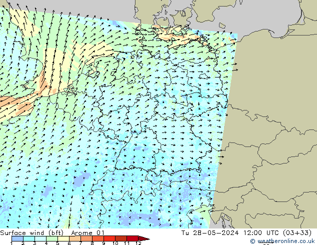Rüzgar 10 m (bft) Arome 01 Sa 28.05.2024 12 UTC