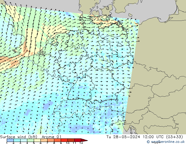 ве�Bе�@ 10 m (bft) Arome 01 вт 28.05.2024 12 UTC