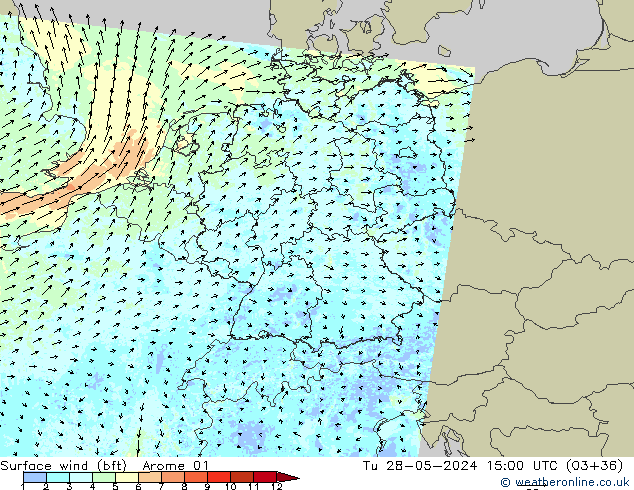 Wind 10 m (bft) Arome 01 di 28.05.2024 15 UTC
