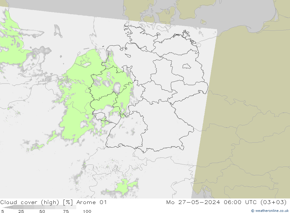 Cloud cover (high) Arome 01 Mo 27.05.2024 06 UTC